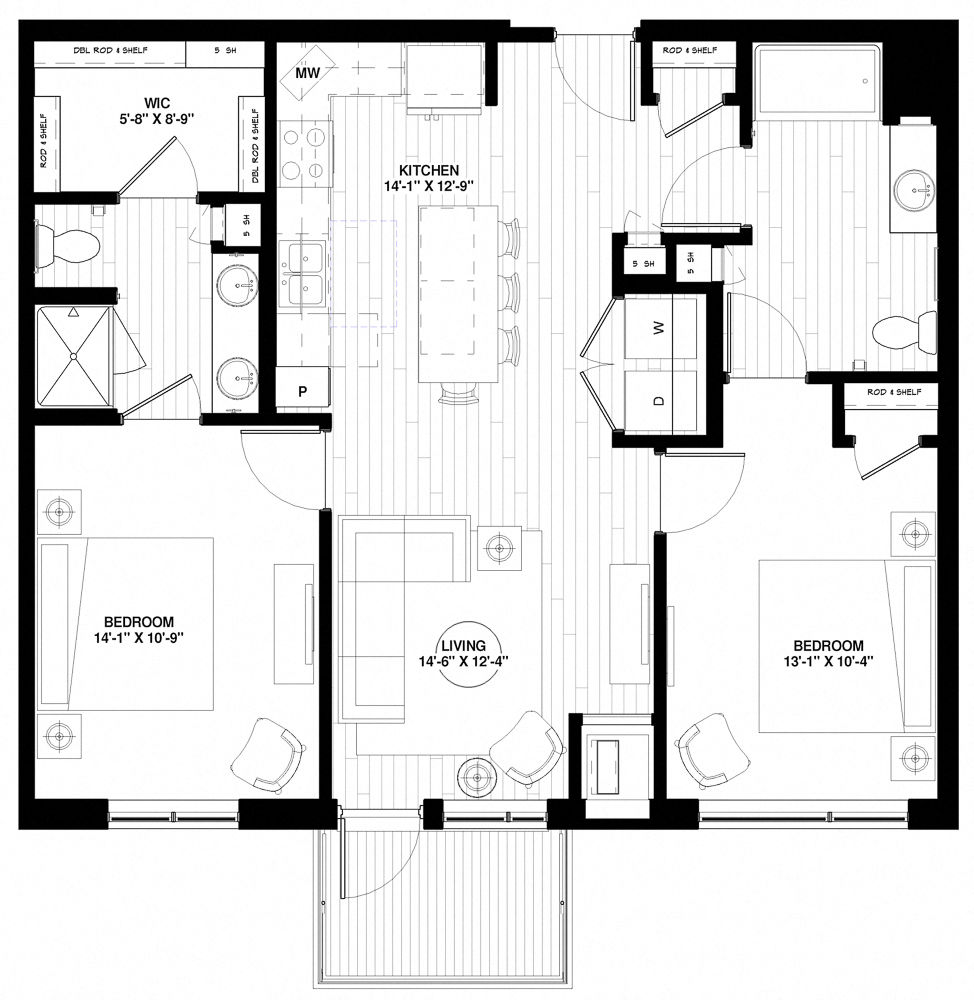 Floor plan for 2 beds, 2 baths, 1051 sqft